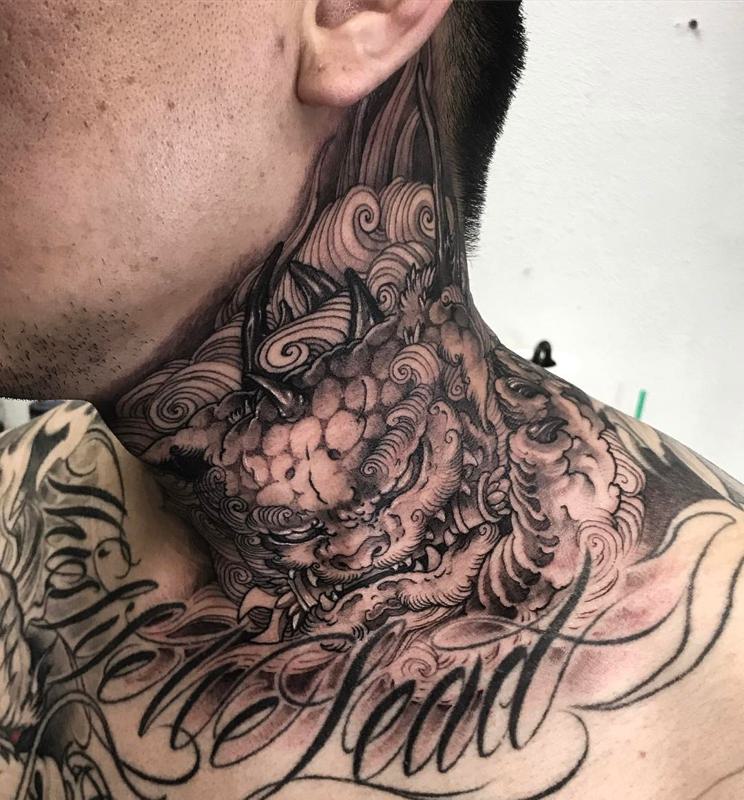 Black Japanese Neck Tattoo 1