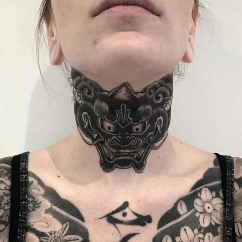 Black Japanese Neck Tattoo 2