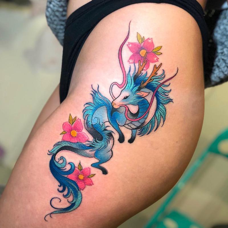 Dragon With Cherry Blossom Tattoo On Full Back