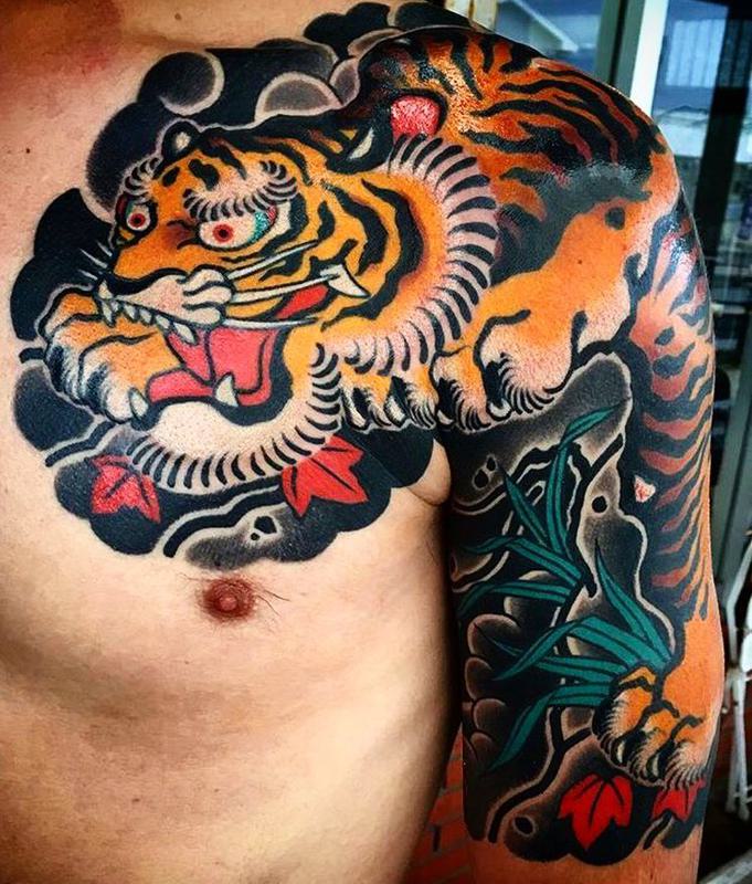 Chest and Arms Japanese Tiger Tattoo 1