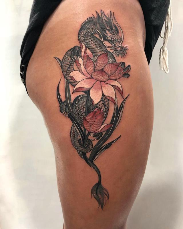 Tattoo uploaded by Claudia Fedorovici  Dragon Tattoo Floral Tattoo  Feminine Tattoo Ideas Claudia Fedorovici lineworktattoo  finelinetattooartist floraltattoo dragontattoo claudiafedorovici   Tattoodo