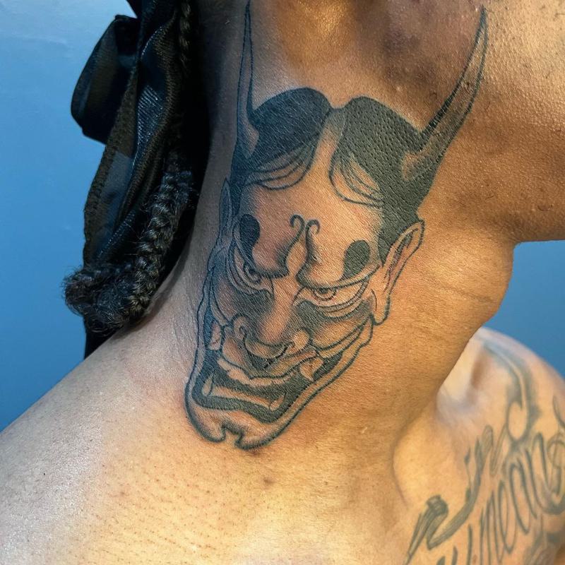 Japanese Mask Neck Tattoo 2