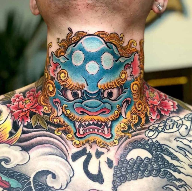 Japanese Mask Neck Tattoo 3