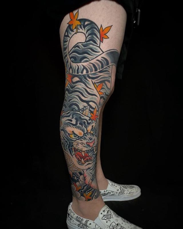Lower Leg Japanese Tiger Tattoo 1