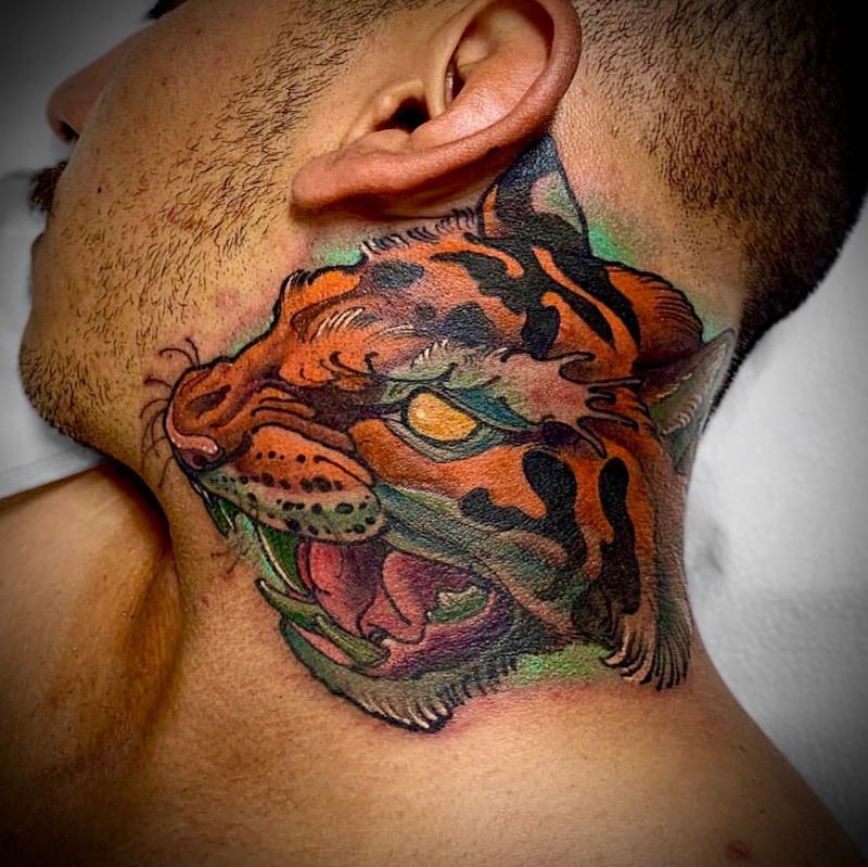 Blood Stabbed Tiger Tattoo on Neck - Best Tattoo Ideas Gallery