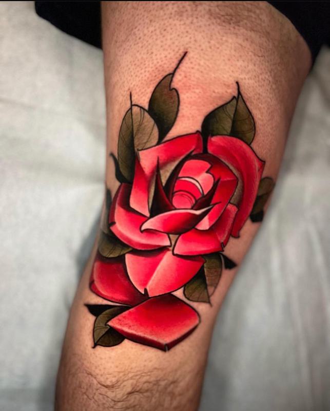 Classic Red Rose Knee Tattoo 1