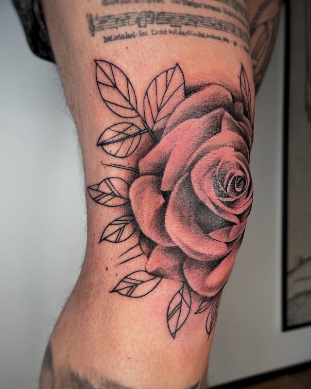 Classic Red Rose Knee Tattoo 2