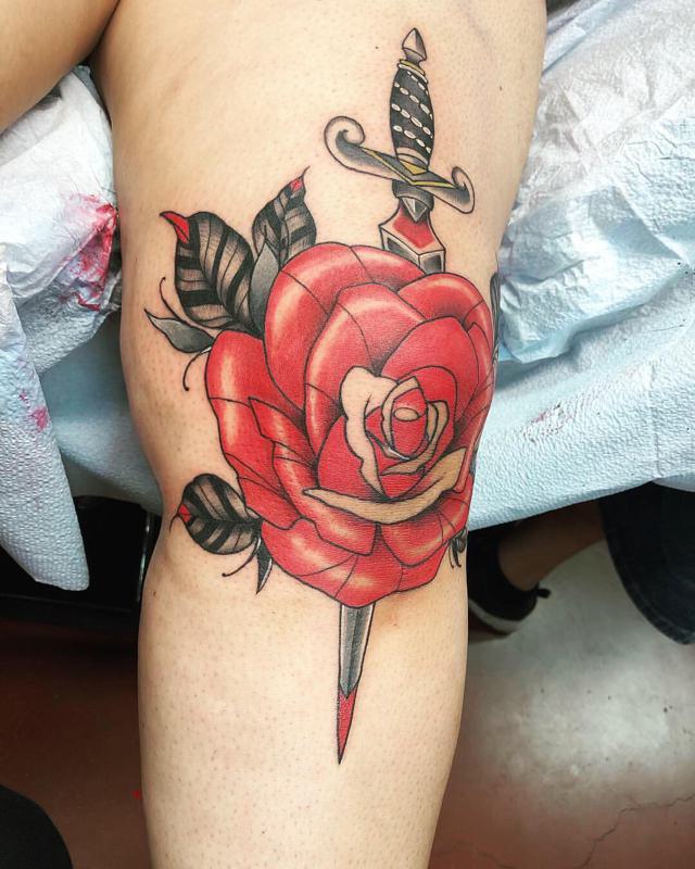 Classic Rose Knee Tattoos for Females 2