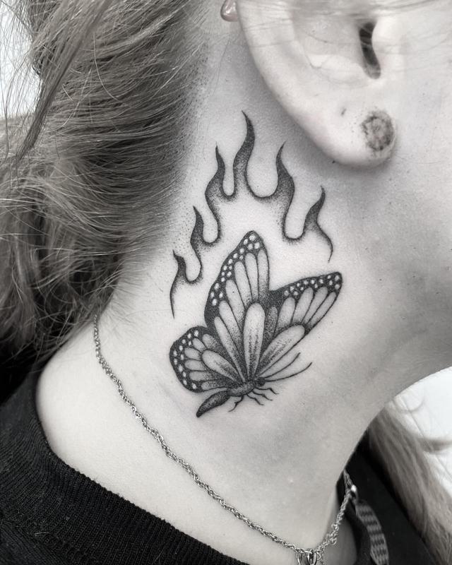 butterfly neck tattoo female with fire