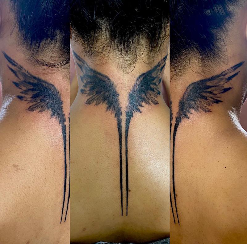 Angel Wing Tattoo on Back of Neck 1