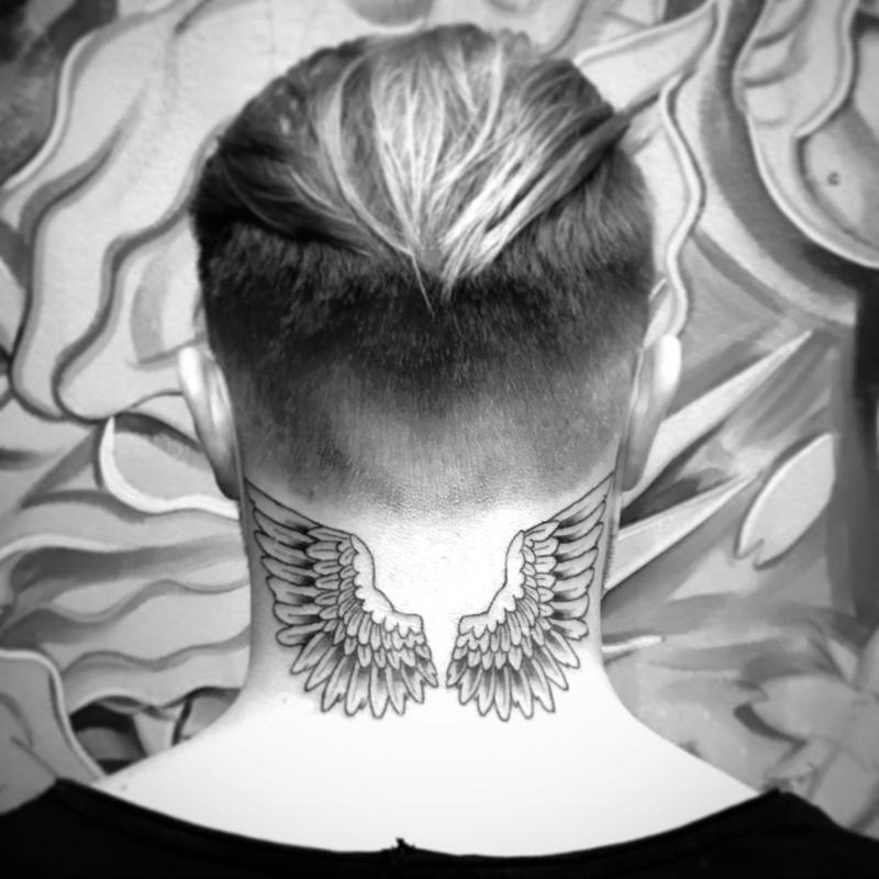 Angel Wing Tattoo on Back of Neck 3