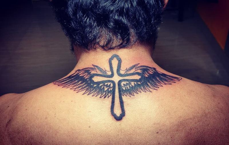 Angel Wings Cross Temporary Tattoos Beckham Neck Tattoo Sticker Body Art  Makeup For Men 3d Fake Tattoo - Temporary Tattoos - AliExpress