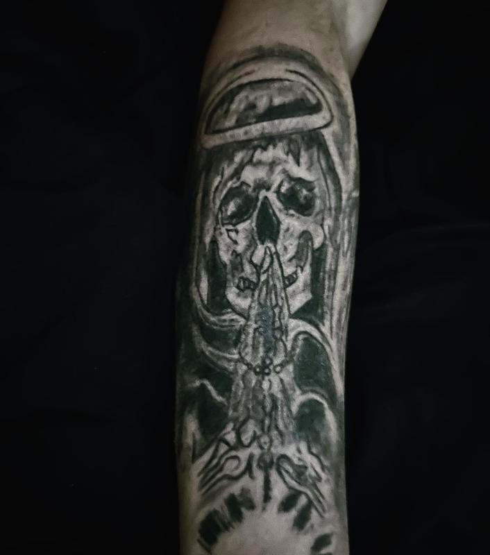 Black and Grey Santa Muerte Tattoo 3