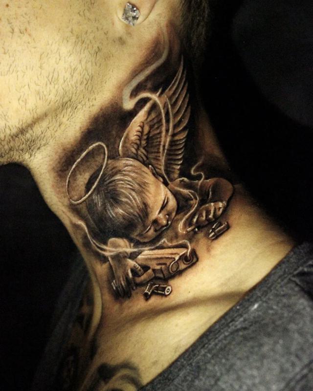 Guardian Angel Neck Tattoo 3