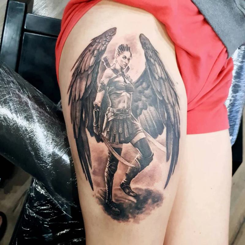Guardian Angel Thigh Tattoos 1