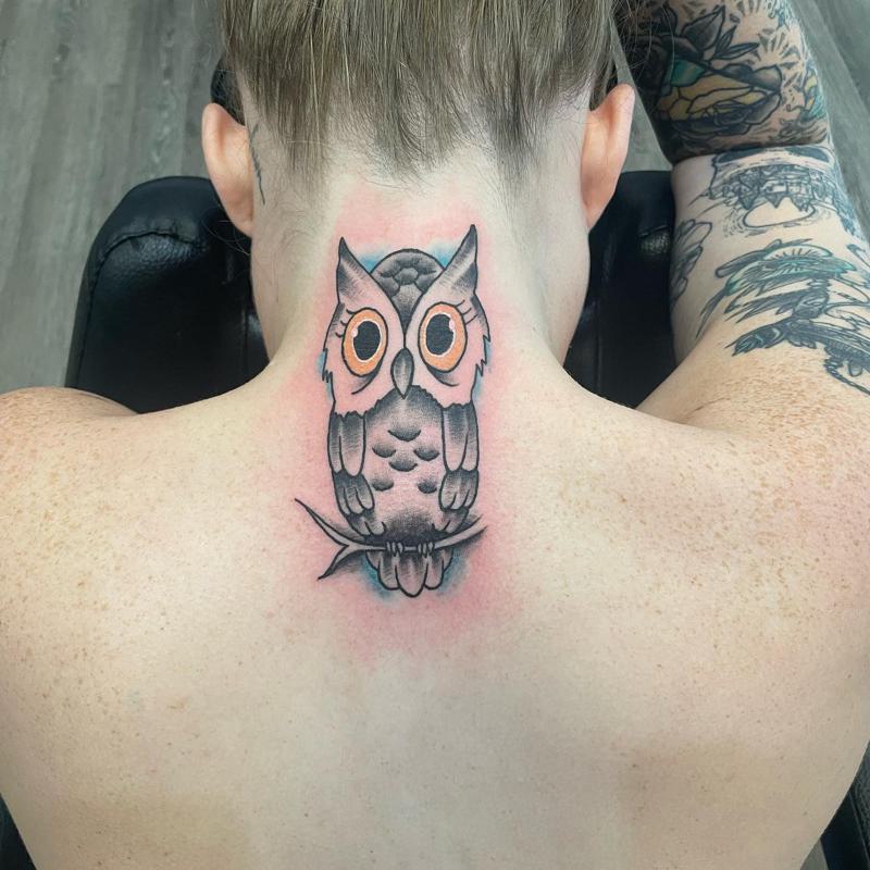 Owl Back of Neck Tattoo 1