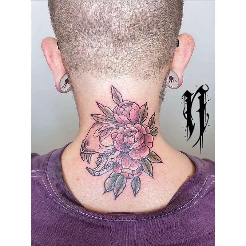 Rose Tattoo on Back of Neck 1