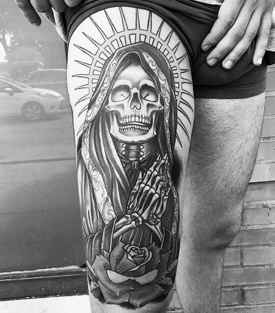 Santa Muerte Tattoo on Thigh 1