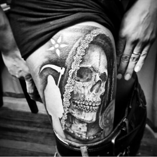 Santa Muerte Tattoo on Thigh 2