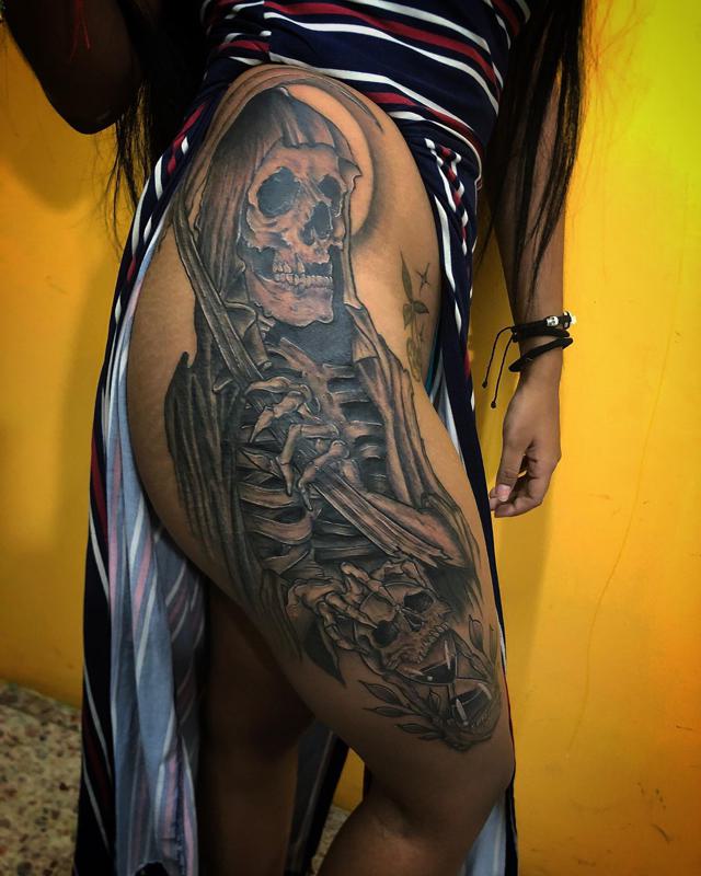 Santa Muerte Tattoo on Thigh 3