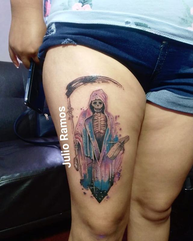 Santa Muerte Tattoo on Thigh 4