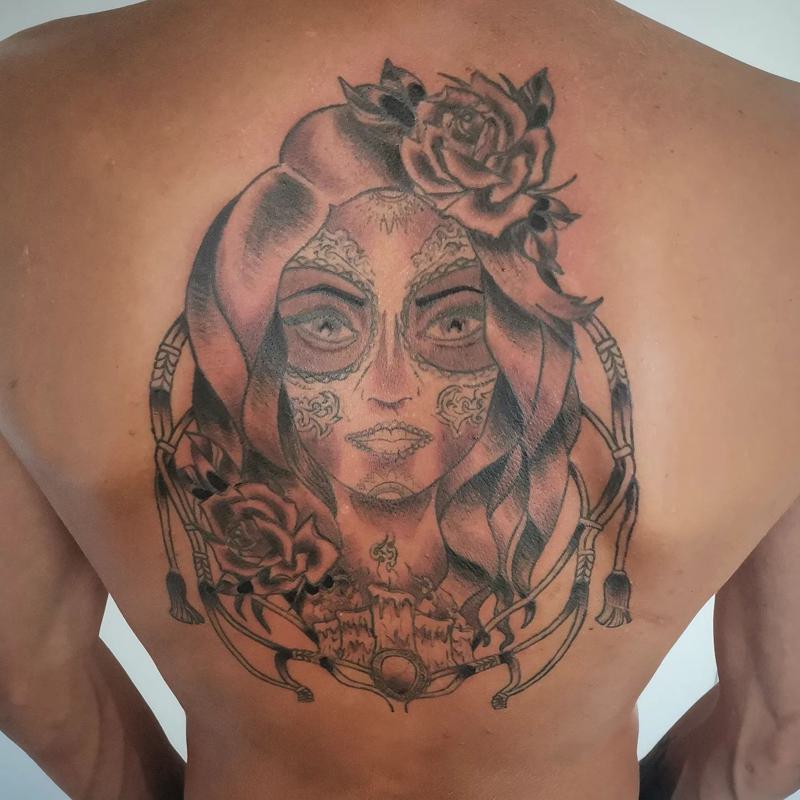 Santa Muerte Tattoo with Flowers 2