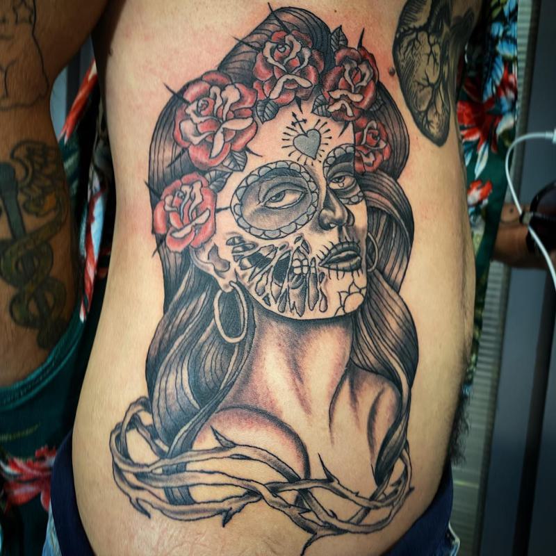 Santa Muerte Tattoo with Flowers 3
